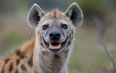 A close-up of a hyena's face looking directly at the camera