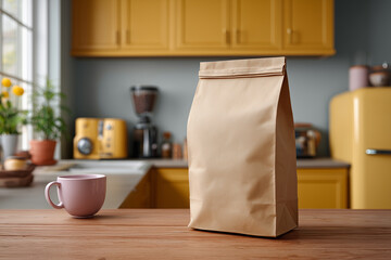 Brown paper bag on wooden table in a cozy kitchen setting, with a pink mug nearby and bright yellow cabinets