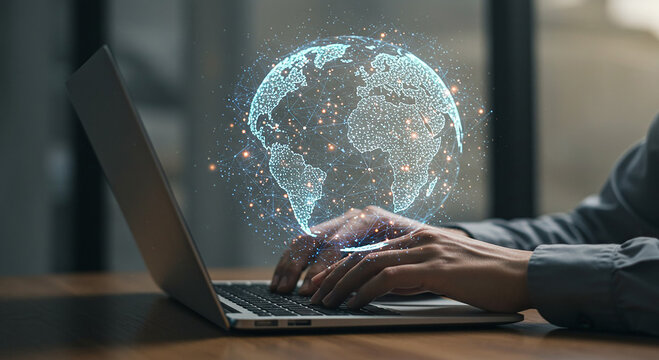 Person typing on laptop with digital globe overlay representing global connectivity and technology