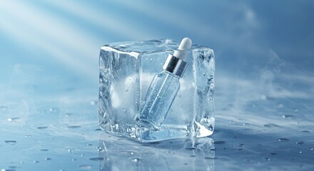 Transparent dropper bottle in ice cube on frosty surface with cool skincare aesthetic, Ai generated Images