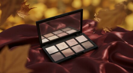 Neutral eyeshadow palette with fall leaves on deep red draped fabric and soft golden background, Ai generated Images