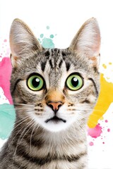 Fototapeta premium Striking close-up of a domestic cat with large green eyes, featuring a colorful splash background that enhances the playful and vibrant atmosphere of the image