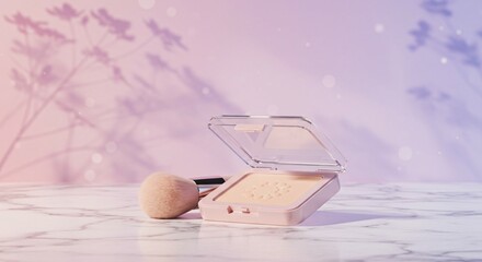 Light pink face powder compact with clear lid and soft fluffy brush on white marble, Ai generated Images