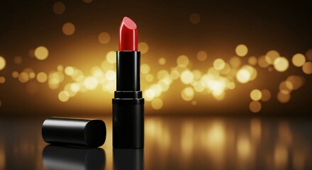 Vibrant red lipstick with black cap on reflective dark surface and warm golden bokeh background, Ai generated Images