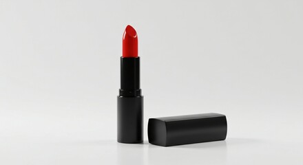 Bold red lipstick in black casing with cap beside on white minimalist background, Ai generated Images