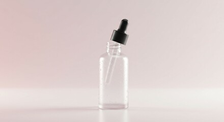 Clear glass bottle with black dropper on light pink surface and background, Ai generated Images