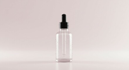 Elegant clear glass bottle with black dropper on soft pink surface and background, Ai generated Images