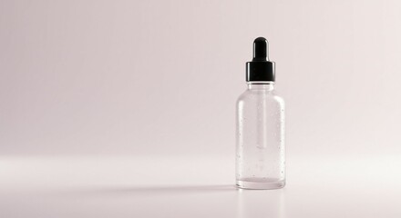 Modern clear glass bottle with black dropper on light pink background for cosmetic product, Ai generated Images