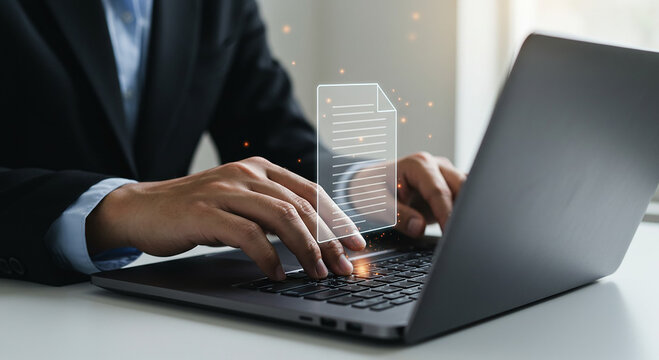 Man in suit typing on laptop with document icon hovering above keyboard showing digital paperwork