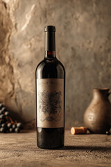 Elegant red wine bottle with intricate label design, placed on rustic wooden table, surrounded by grapes and clay jug