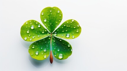 Fresh green four-leaf clover on white background, St. Patricks Day luck.