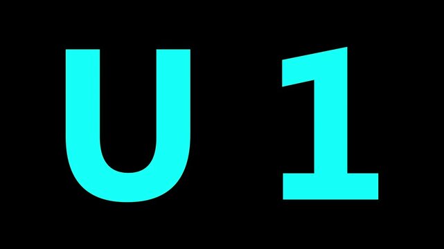 Glowing letter U 1 , glowing neon font, U 1 alphabet symbol . Seamless looping alphabet animation on black background.