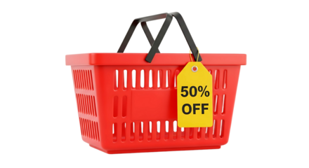 Red Shopping Basket with 50% OFF Yellow Tag on TRANSPARENT Background