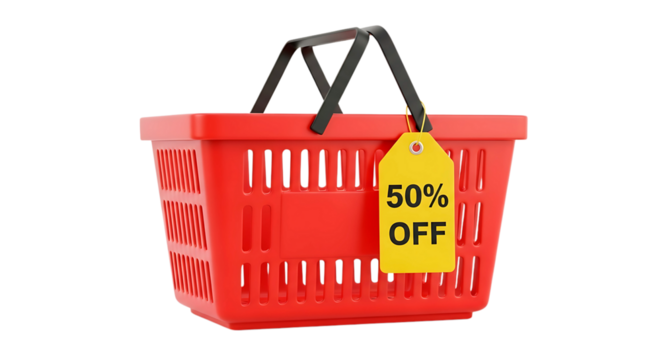 Red Shopping Basket with 50% OFF Yellow Tag on TRANSPARENT Background