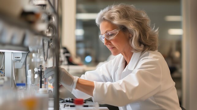 Experienced scientist working diligently in a modern laboratory during daylight hours