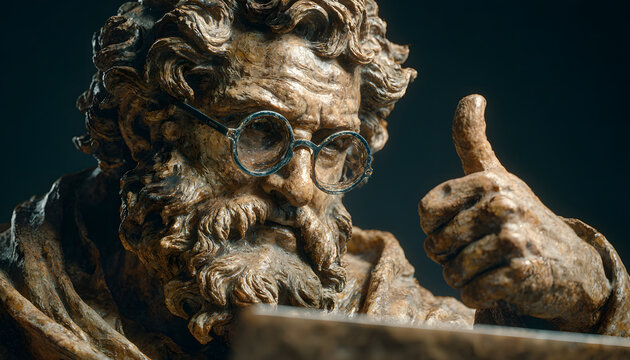 Ancient Greek philosopher statue wears glasses, uses laptop. Giving thumb up. Symbolizing tech integration. Historical, modern blend. Reflecting education, innovation, digital age.
