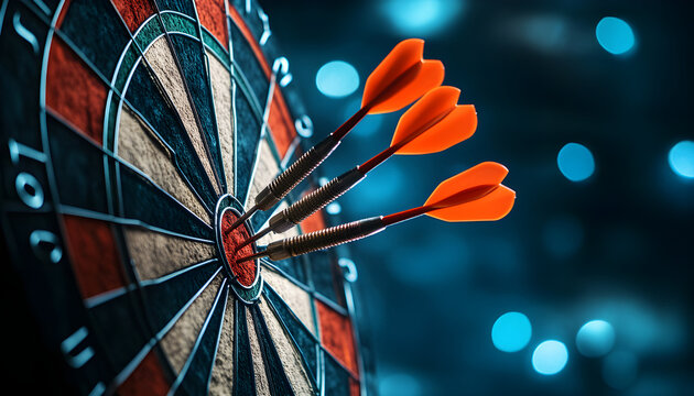 Perfect Bullseye in a Game of Darts. A close-up image capturing three darts hitting the bullseye on a dartboard