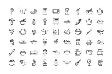 Collection of Black and White Food and Cooking Icons on White Background