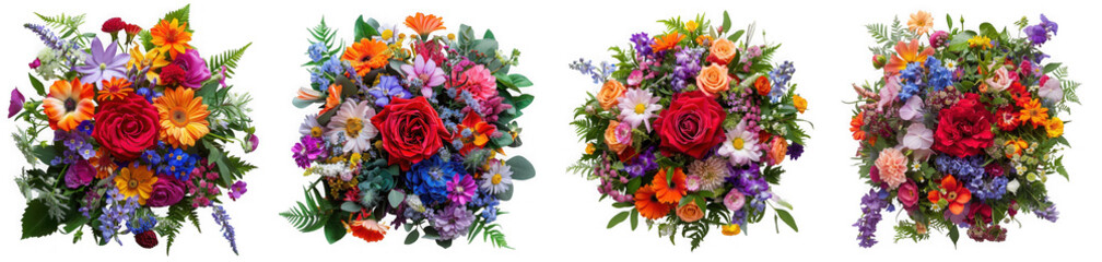 Obraz premium Four vibrant flower bouquets burst with color, showcasing a delightful mix of roses, daisies, and other blooms isolated on transparent background
