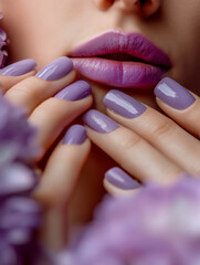image of woman with well manicured nails painted in light lilac