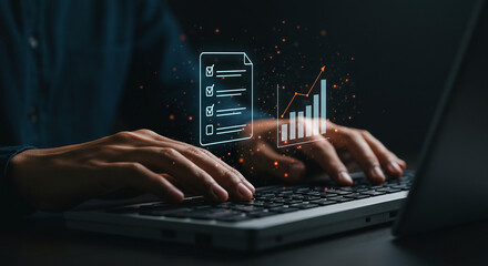 Hands typing on laptop with checklist and graph overlay representing data analysis and productivity