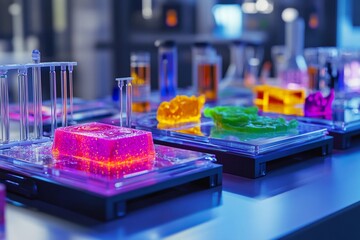 Futuristic platform showcasing bioprinted tissue samples