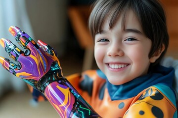 Child smiling using colorful advanced prosthetic arm