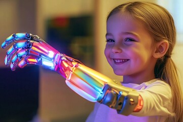Happy child enjoying life with advanced colorful prosthetic limb