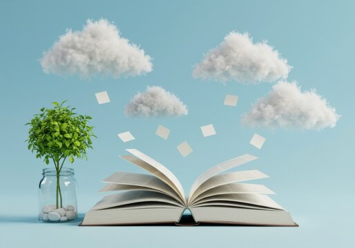 An open book with floating pages and a lush green tree in a jar under a sky filled with clouds