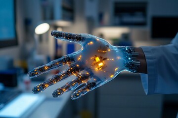 Patient testing 3D-printed bionic arm with glowing parts