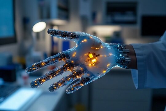 Patient testing 3D-printed bionic arm with glowing parts
