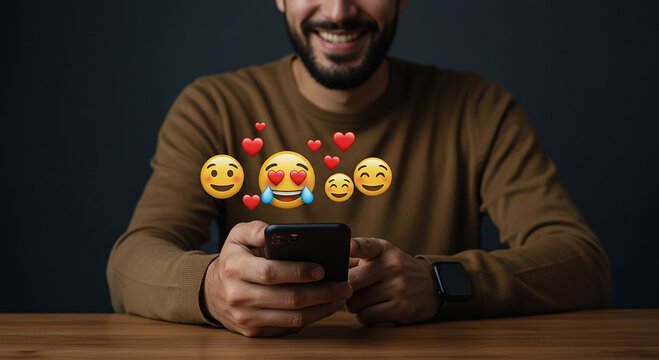 Man smiling using smartphone with emojis and hearts floating above the screen on a wooden table
