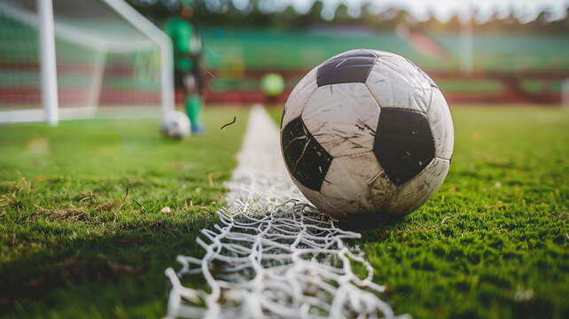 Footballers focused and aiming for a penalty shot during a match on a vibrant green field.