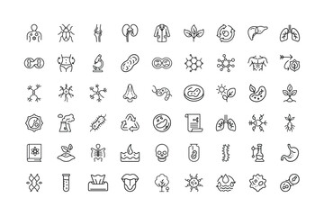 Collection of Black and White Line Art Icons Representing Science and Biology