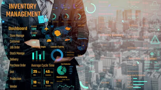 Inventory management dashboard showing supply chain performance, stock levels, order cycle times, cost reduction, and procurement ROI. Inventory tracking, and streamline warehouse efficiency. Thunk