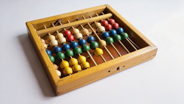  A colorful wooden abacus placed flat on white background