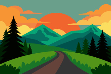 Mountain And Forest Landscape Sunset With Sky