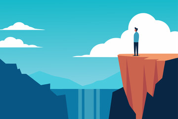 Obraz premium Man Standing On Cliff Rock Looking Down