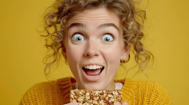 frau emotional portrait mit grossen augen beim naschen