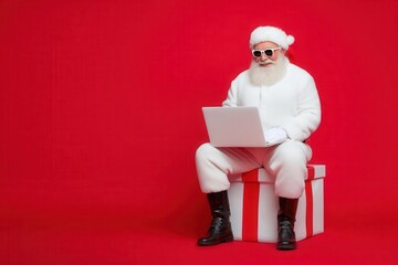 A grandfather with a white beard is pictured sitting with a package and netbook, astonished by the numerous emails he has received, dressed in a festive Santa Claus outfit that includes a coat