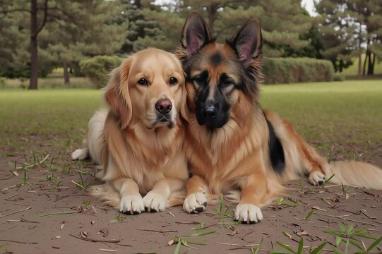 A golden retriever and a german shepherd dog lying on grass together wagging. Best friends.