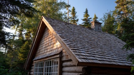 Rustic cabin with weathered wooden shingle roof in forest setting.