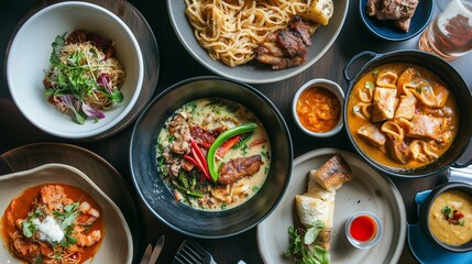 Delicious array of diverse dishes served on a table in a cozy restaurant setting during dinner time