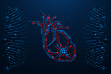 Electronic human heart. Futuristic cybernetic heart with red and blue glowing paths, symbolizing the combination of biology and technology. The concept of artificial intelligence and biotechnology.