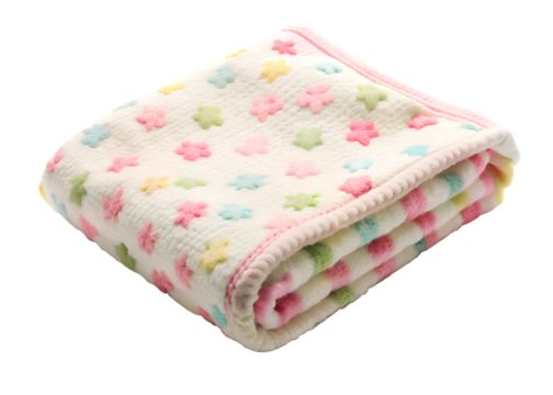 A soft and plush baby blanket with a delicate floral pattern in pink, white, and other pastel colors isolated on transparent background