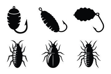 Collection of fishing lure and bait icons isolated on white background.
