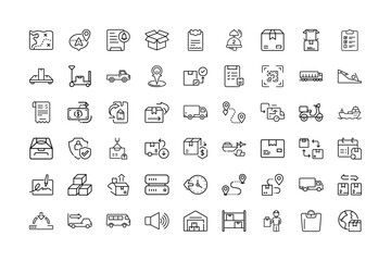 Comprehensive Set of Black and White Line Icons Representing Logistics and Shipping