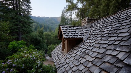 Rustic charm of weathered wooden shingle roof in tranquil forest setting.
