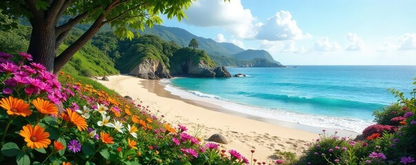 Serene coastal garden overflowing with vibrant flowers and lush greenery, gently sloping down to a pristine sandy beach Perfect for relaxation and tranquility , sun, seaside flora, flora