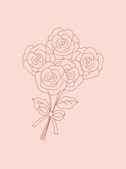 Elegant pink line art of a rose bouquet tied with a ribbon. Minimal floral design perfect for romantic, wedding, or holiday themes.


